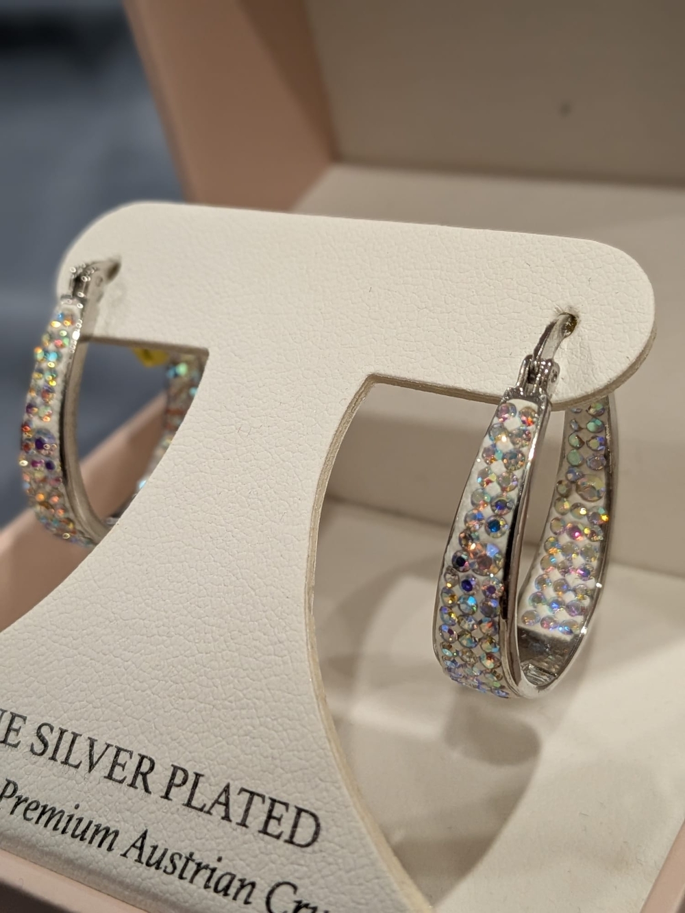 Silver-Plated Hoop Earrings with Iridescent Austrian Crystals